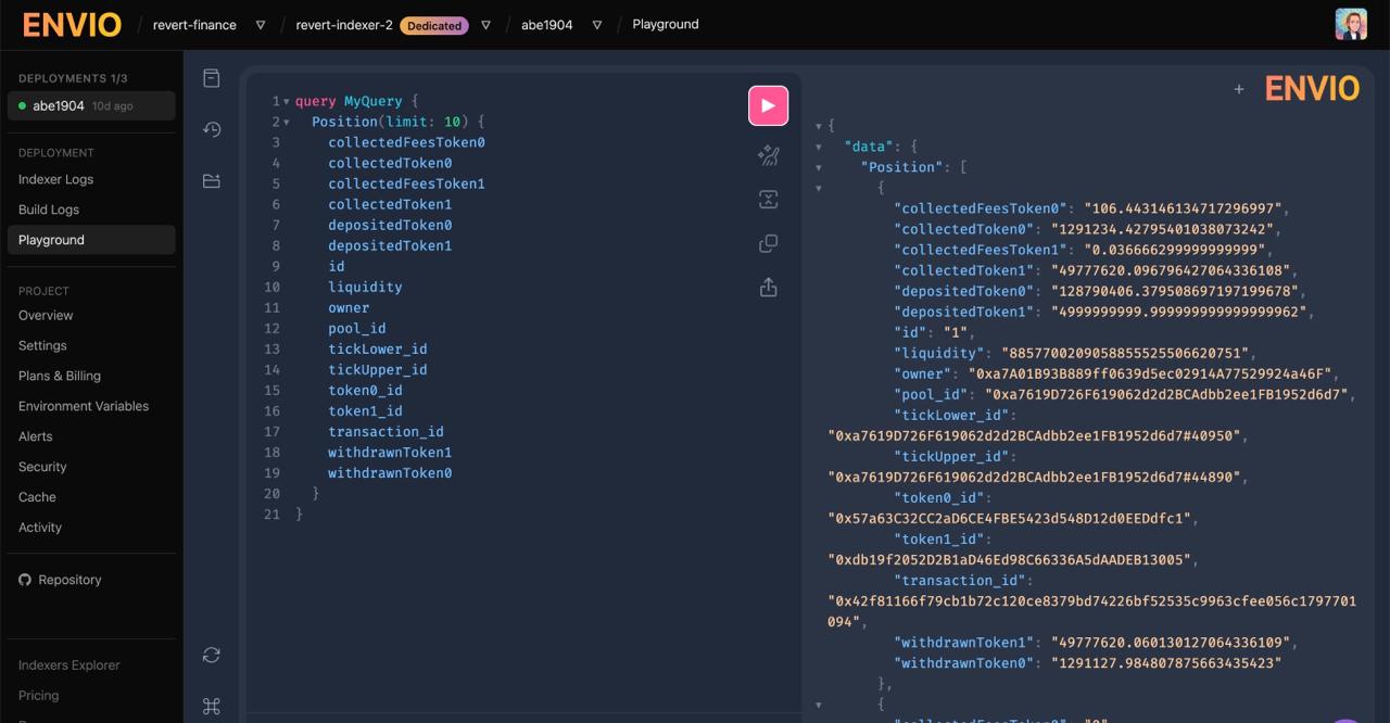 Revert Finance PancakeSwap V3 indexer running on Envio